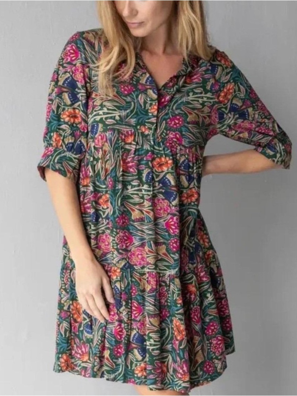 NATURAL LIFE Becca Mini Dress Floral Boho Tiered with Collar and Sleeves NWOT